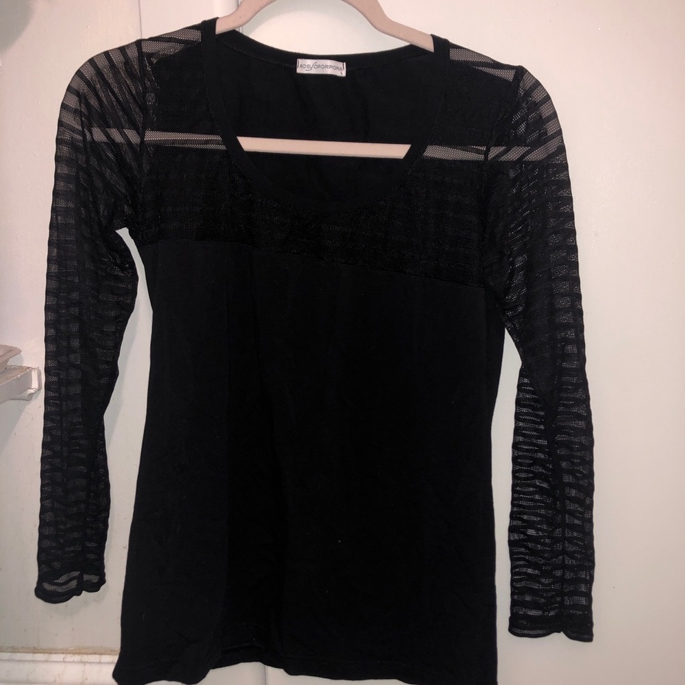 Black top with sheer stripped sleeves from Italy
